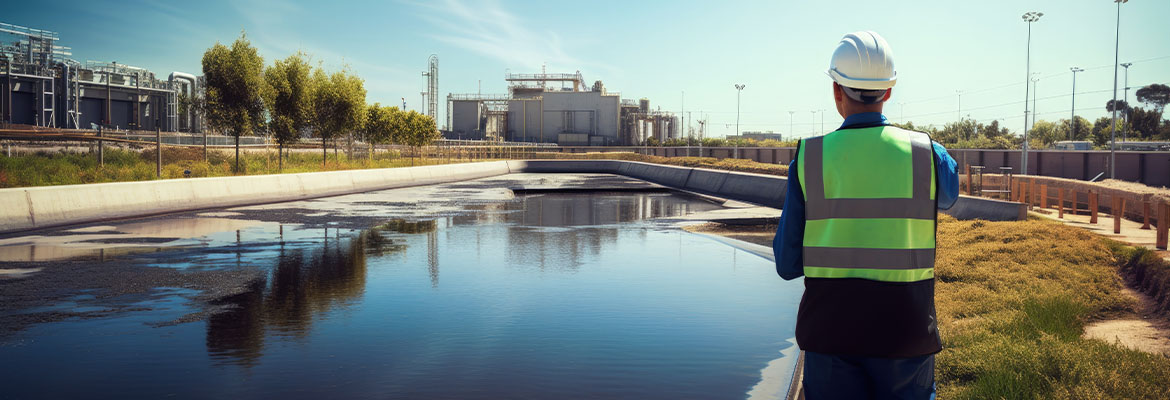 Technician ensuring pollution control in wastewater treatment plant